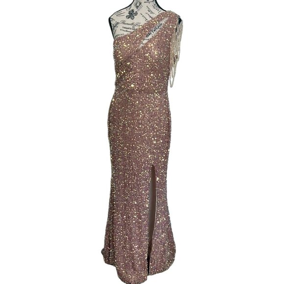 Kalinnu One Shoulder Gold Sequin Maxi Dress Size 12 | Tassel Shoulder Detail NWT - Picture 8 of 16